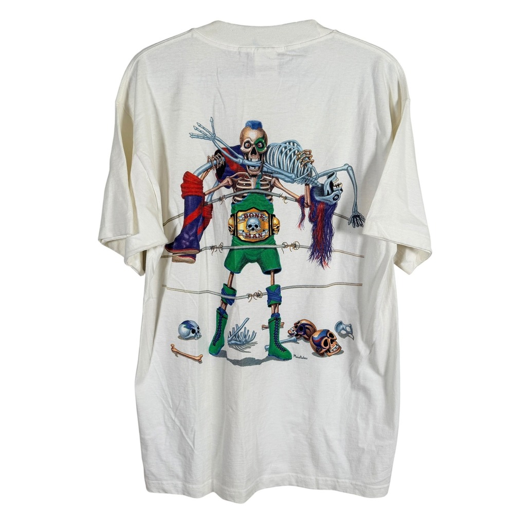 Vintage Bone Man Graphic T-Shirt Tee Skeleton Wrestling Belt Mens L White